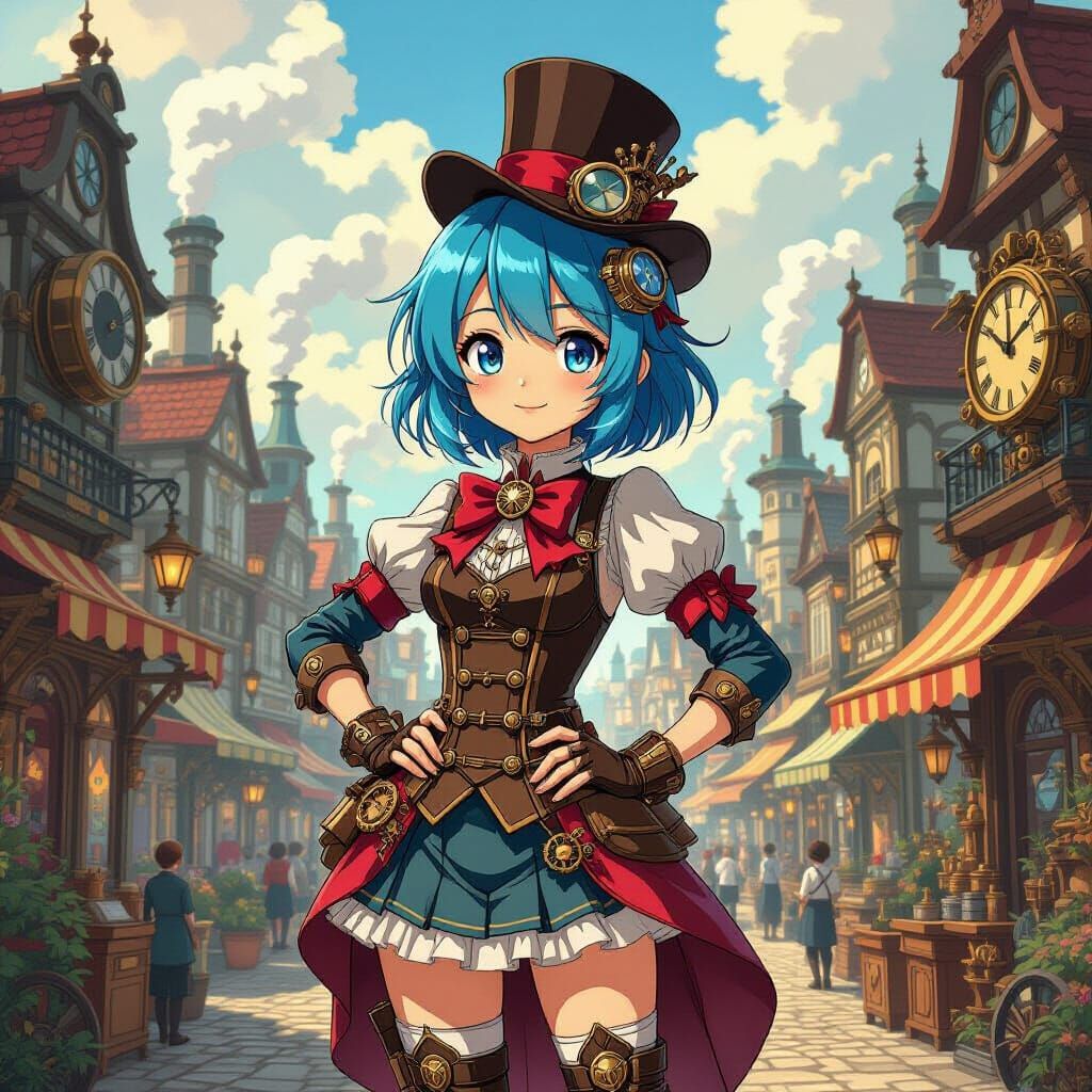 Steampunk Anime Girl in Clockwork City