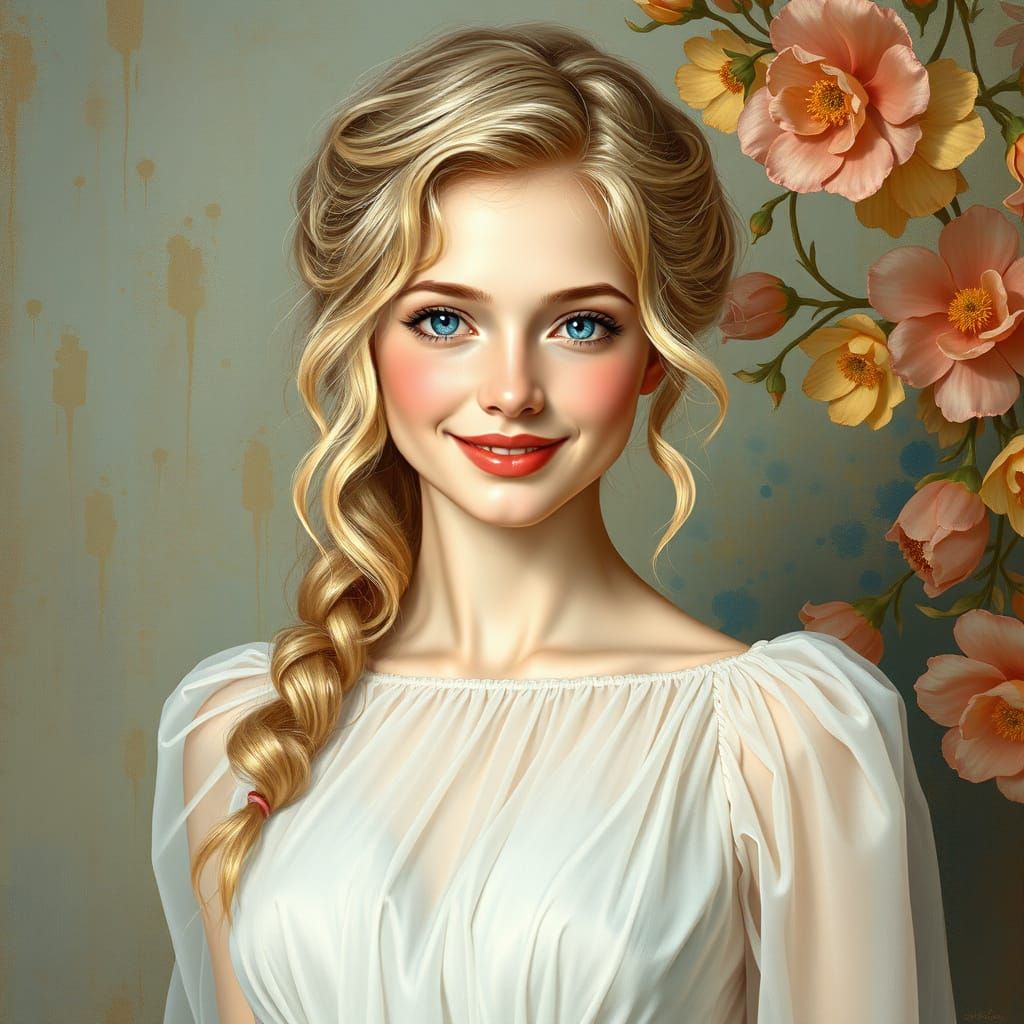 Ethereal European Woman in Pastel Rainbow Gown