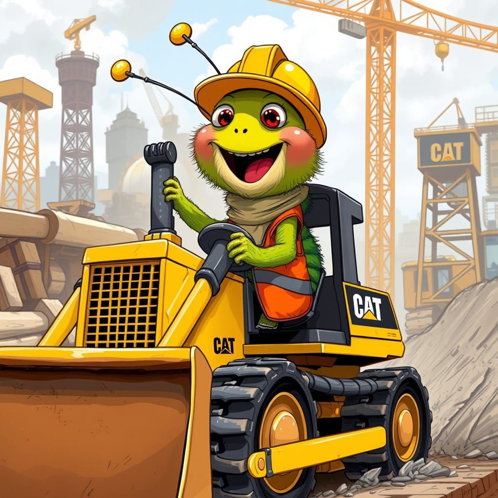 Caterpillar Drives Bulldozer in Stylized Cartoon