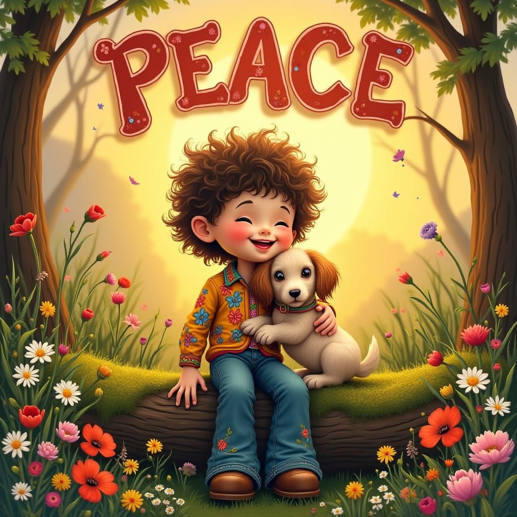 Hippie Doll with Puppy in Floral Wonderland at Sunrise
