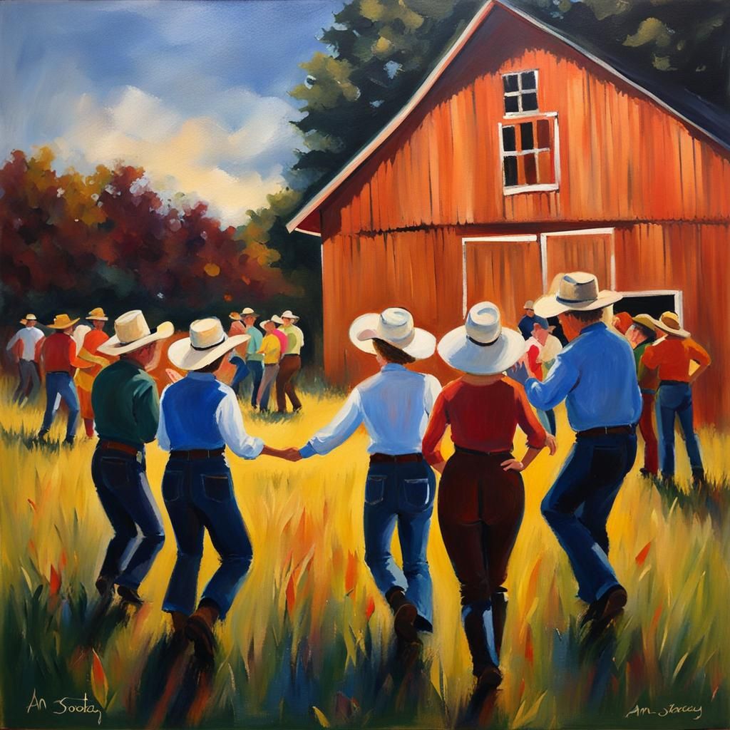 Barn Dance Painting in Naive Art Style