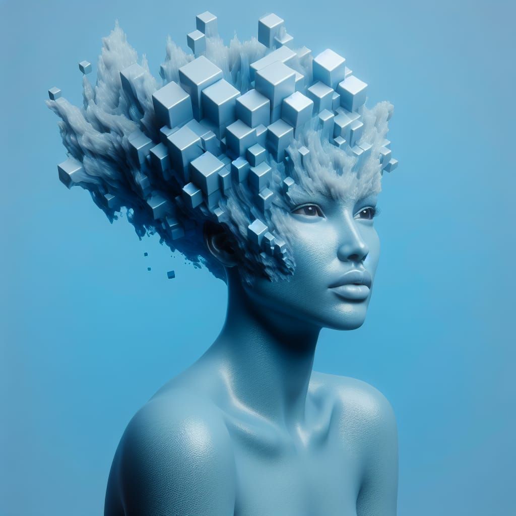 Ethereal Latina Portrait with Melting Cubes in Light Blue