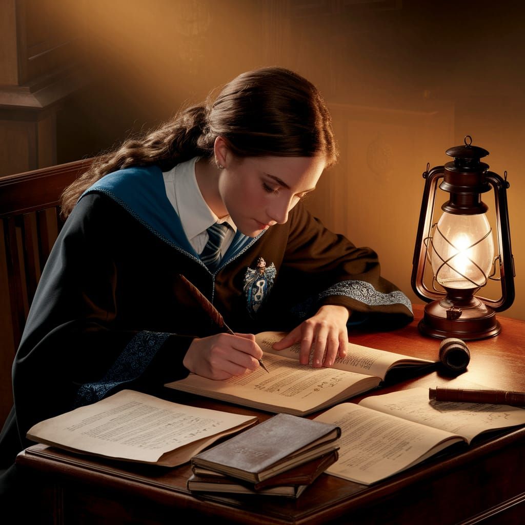 Ravenclaw Student Studies Arithmancy in Warm Ambiance