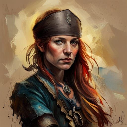 Detailed Pirate Woman on Galeon in Northern Lights