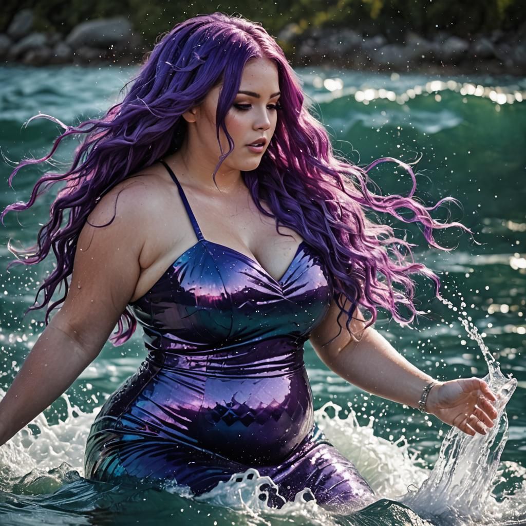 Beautiful Purple-Haired Mermaid Splashing in Water
