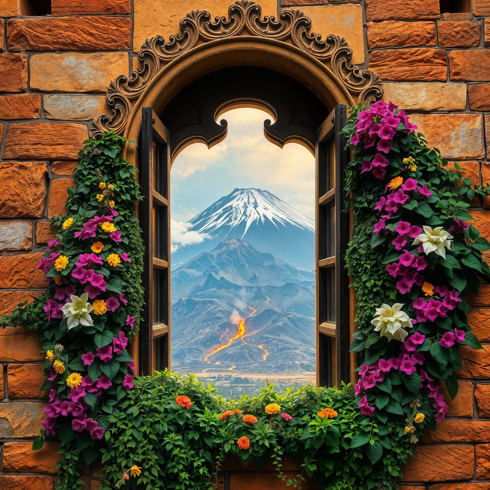 Ethereal Castle Window with Blooming Creepers and Volcanic L...