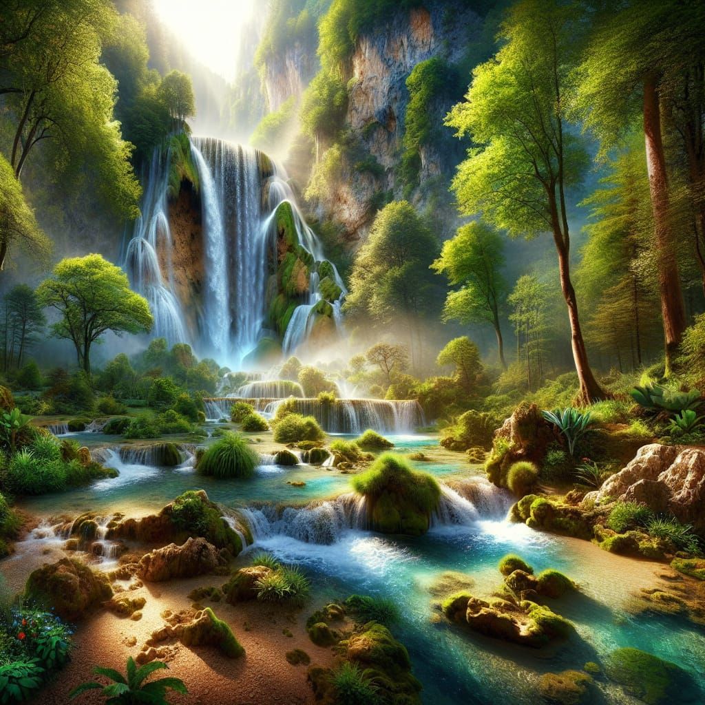 Majestic Waterfall in Lush Forest: Fantasy Concept Art