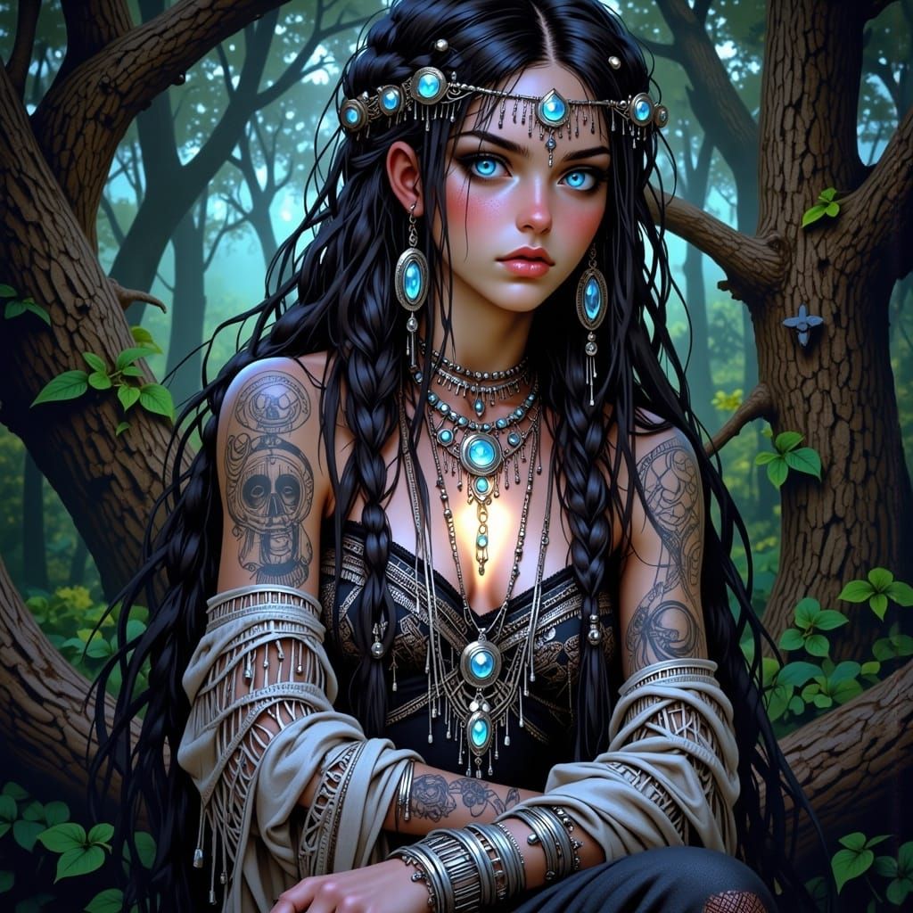 Ethereal Gypsy Woman in Mystical Forest