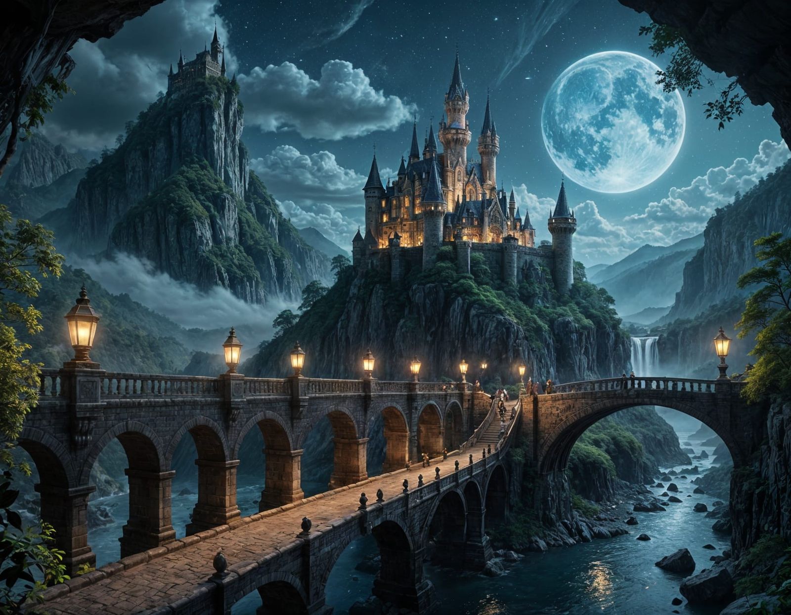 Majestic Fantasy Castles Connected by Stone Bridge