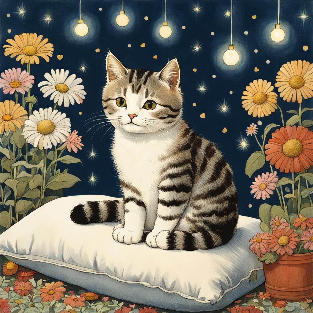 Cat on Pillow in Whimsical Children's Book Style