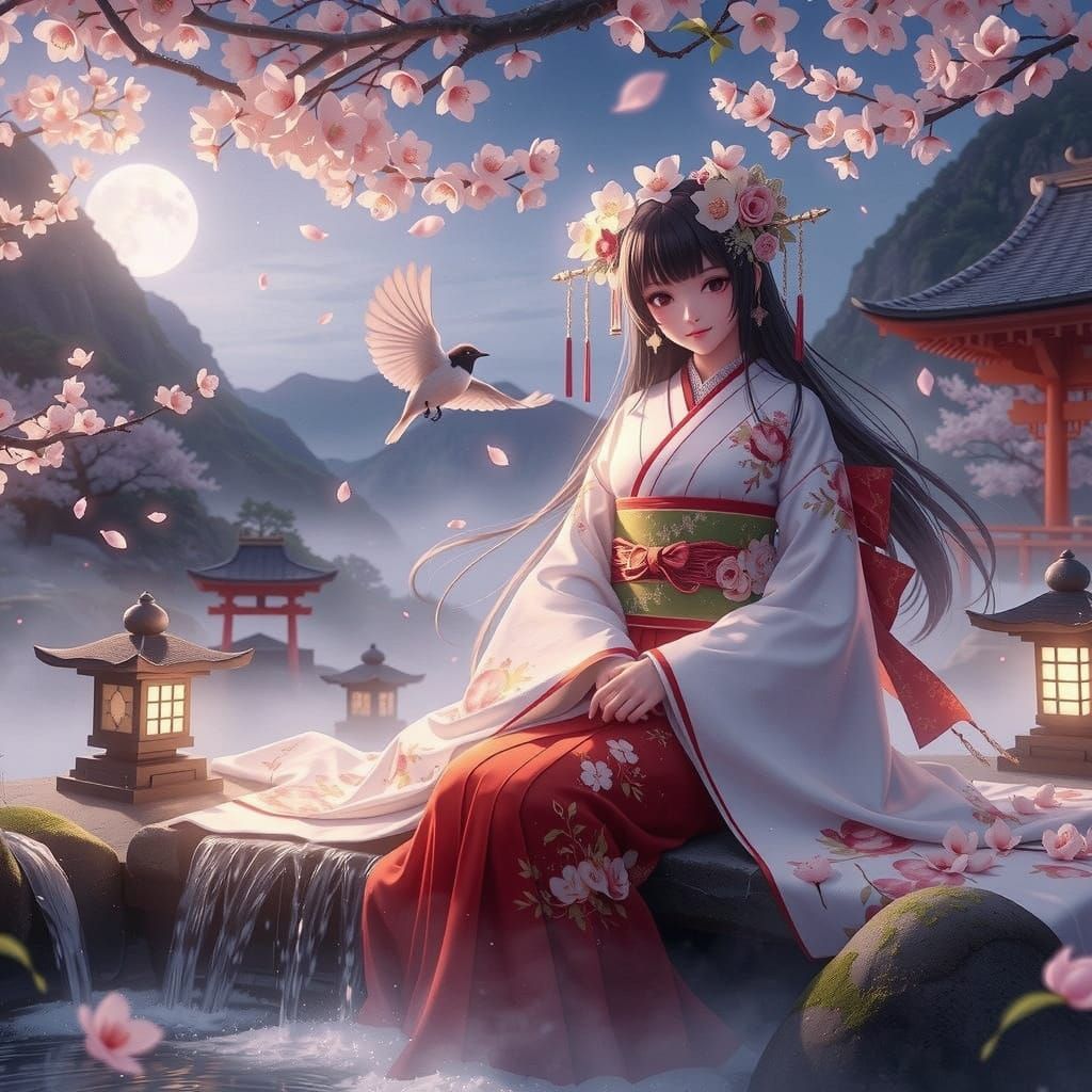 Serenely Seated Shrine Maiden in Heian-Style Attire Beneath ...