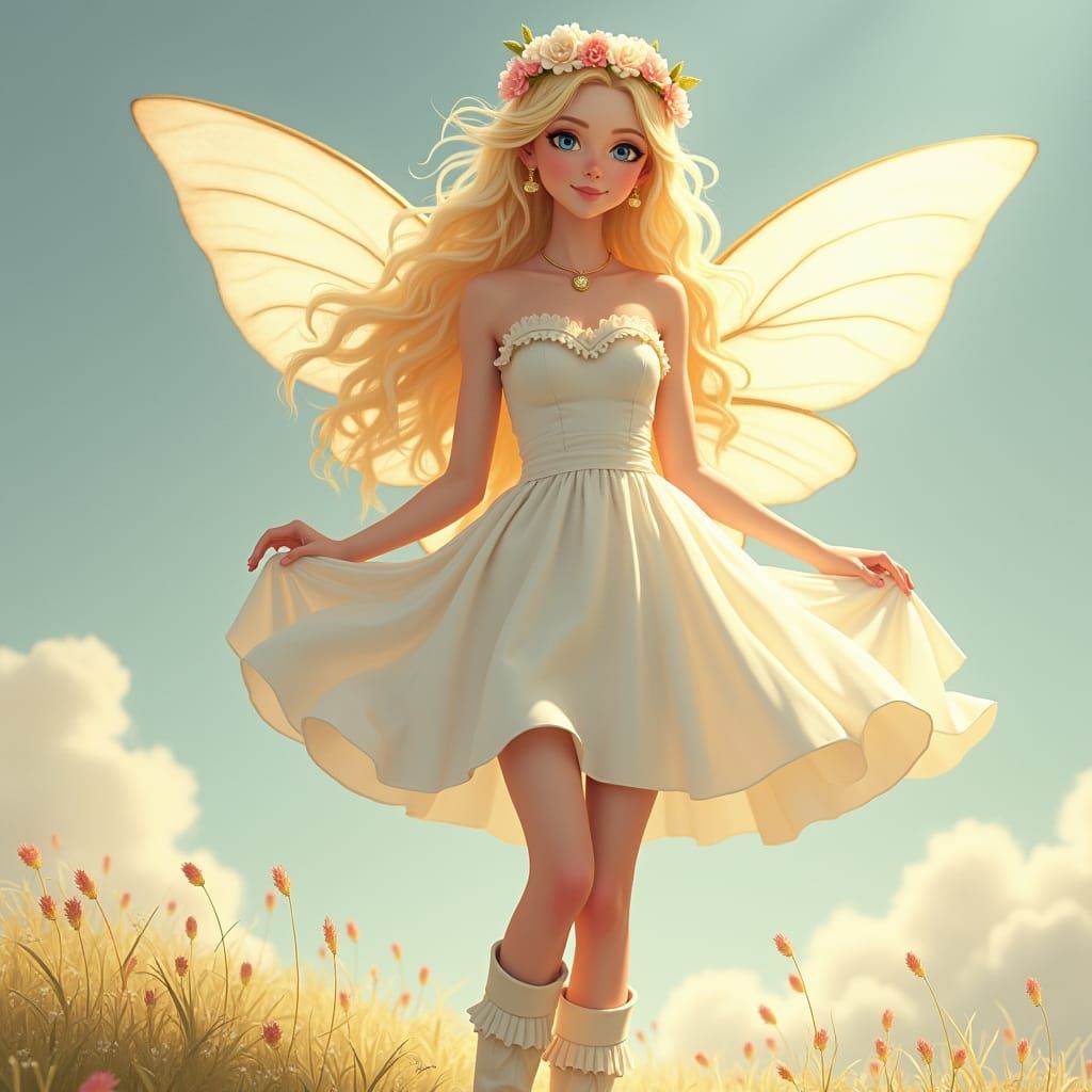 Blonde Fairy with Flower Crown in Fantasy Style