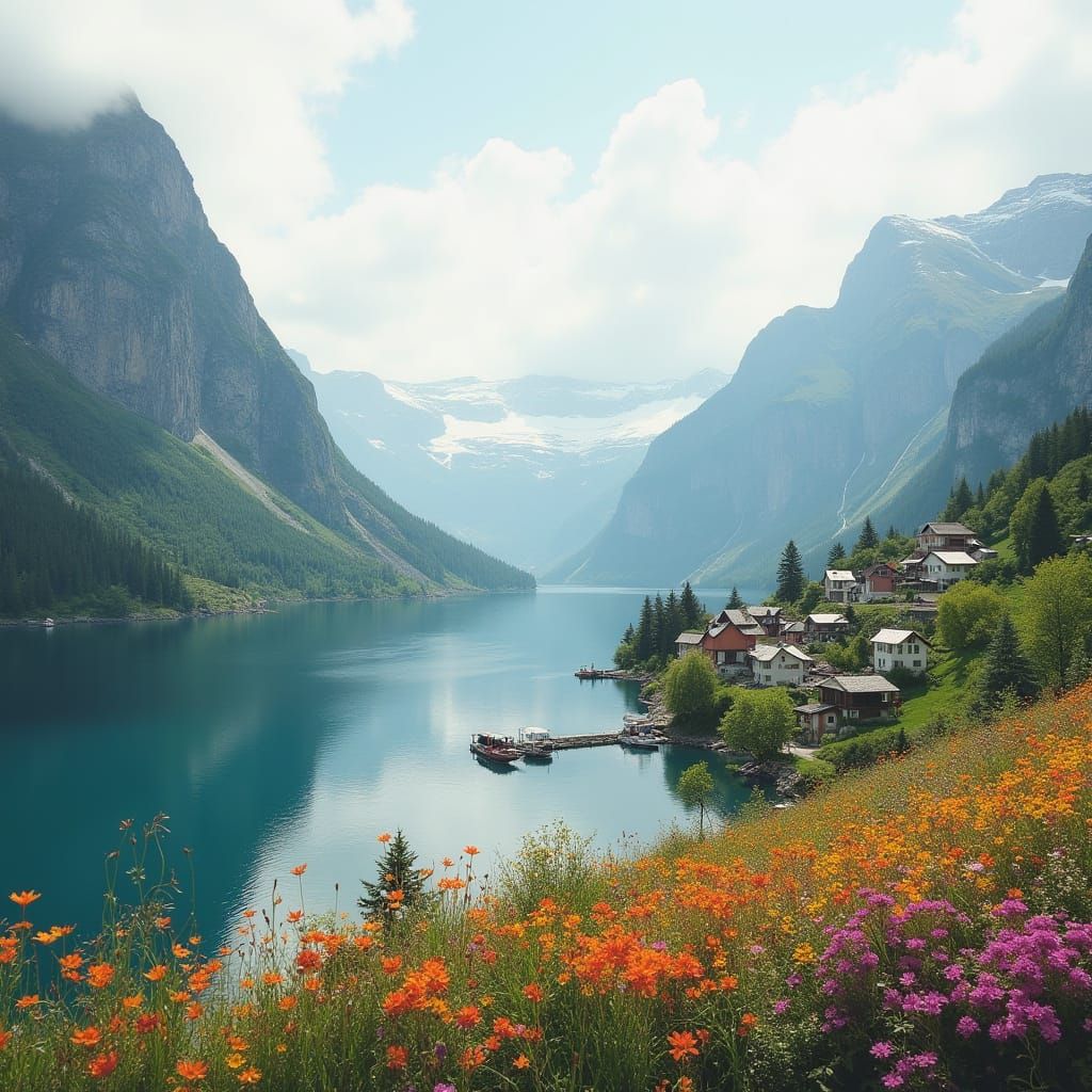 Colorful Fjord Village in Alps with Wildflowers
