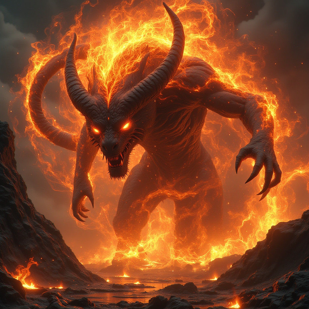 Majestic Fire Demon Emerging from Embers