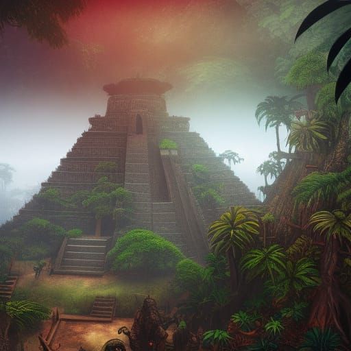 Aztec Temple in Foggy Jungle: Detailed Matte Painting