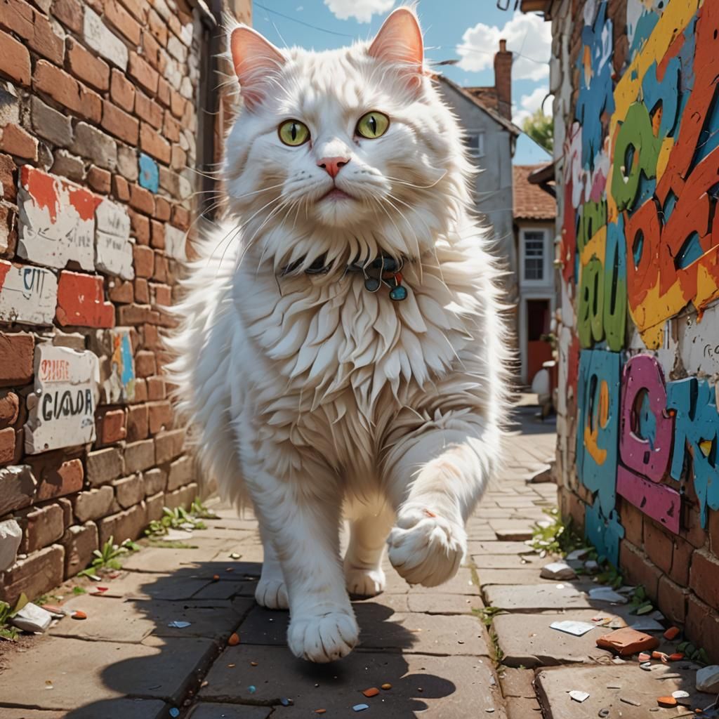 Fluffy Cat's Alleyway Chase: Hyperrealistic Oil Painting