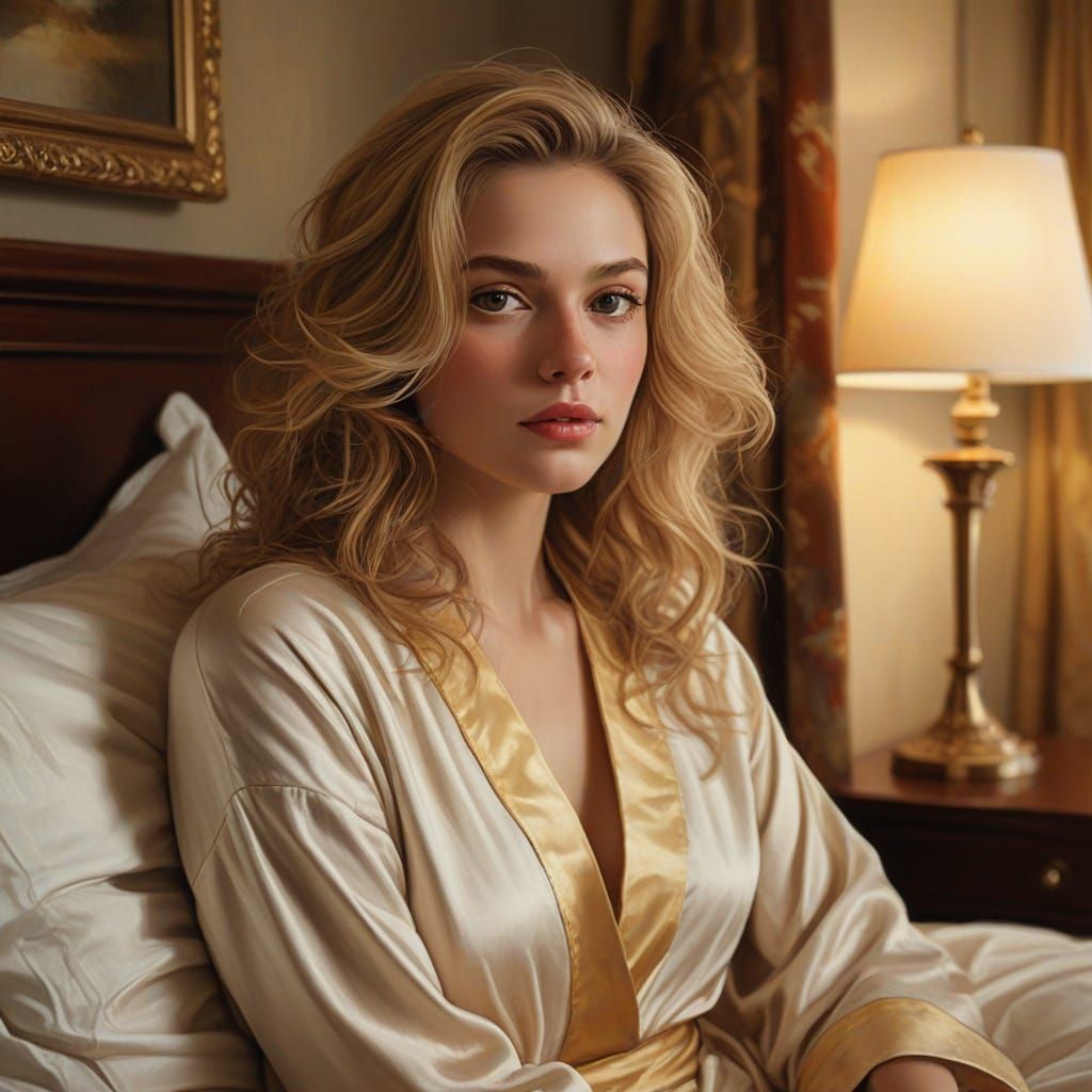 Elegant Lady in Bed, Oil Painting in Classic Realism