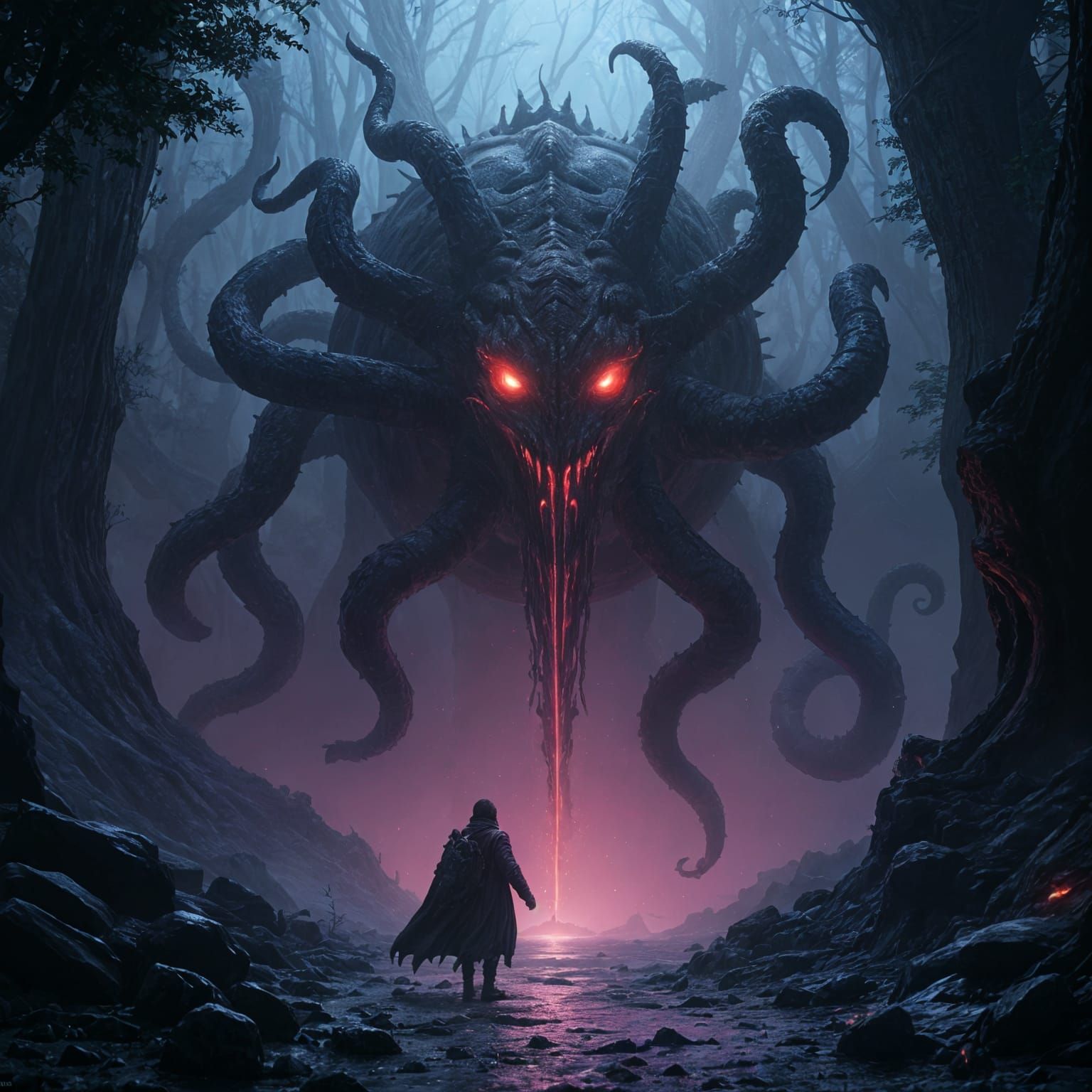 Dark Fantasy Masterpiece: Inky Black and Purple Epic Monster