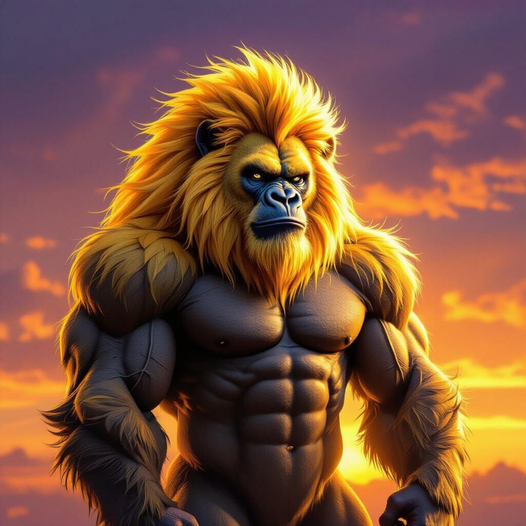 Majestic Yellow Gorilla-Lion Hybrid Creature in Hyperrealist...