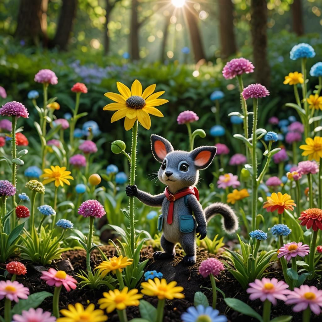 Playful Forest Creature with Hypersword in Flower Garden