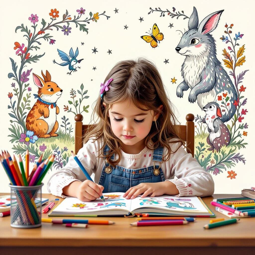 Girl Coloring Fantasy Illustration as Children's Book Art