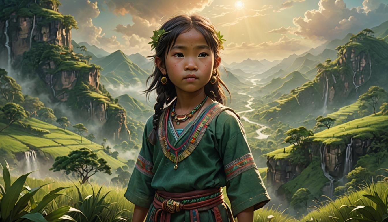 Asian Girl with Musical Anklet in Dreamy Landscape