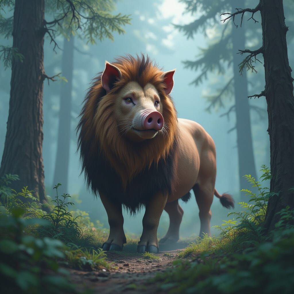 Majestic Pig-Lion Creature in Misty Forest