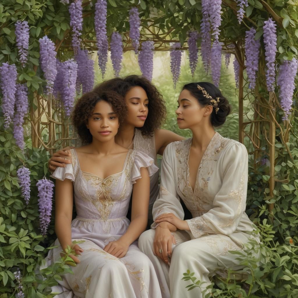 Art Nouveau Lesbian Couple in Lush Garden