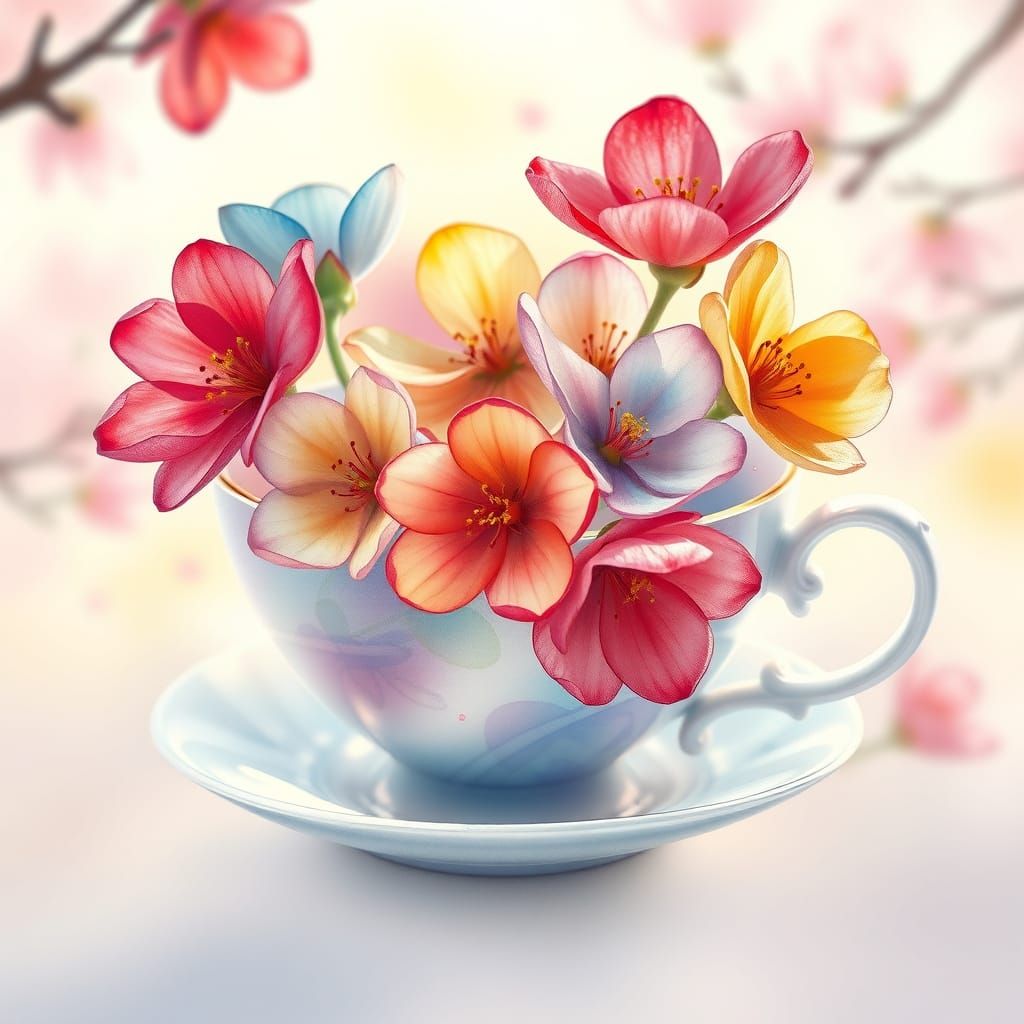 Whimsical Spring Teacup Blooms in Vibrant Rainbow Hues