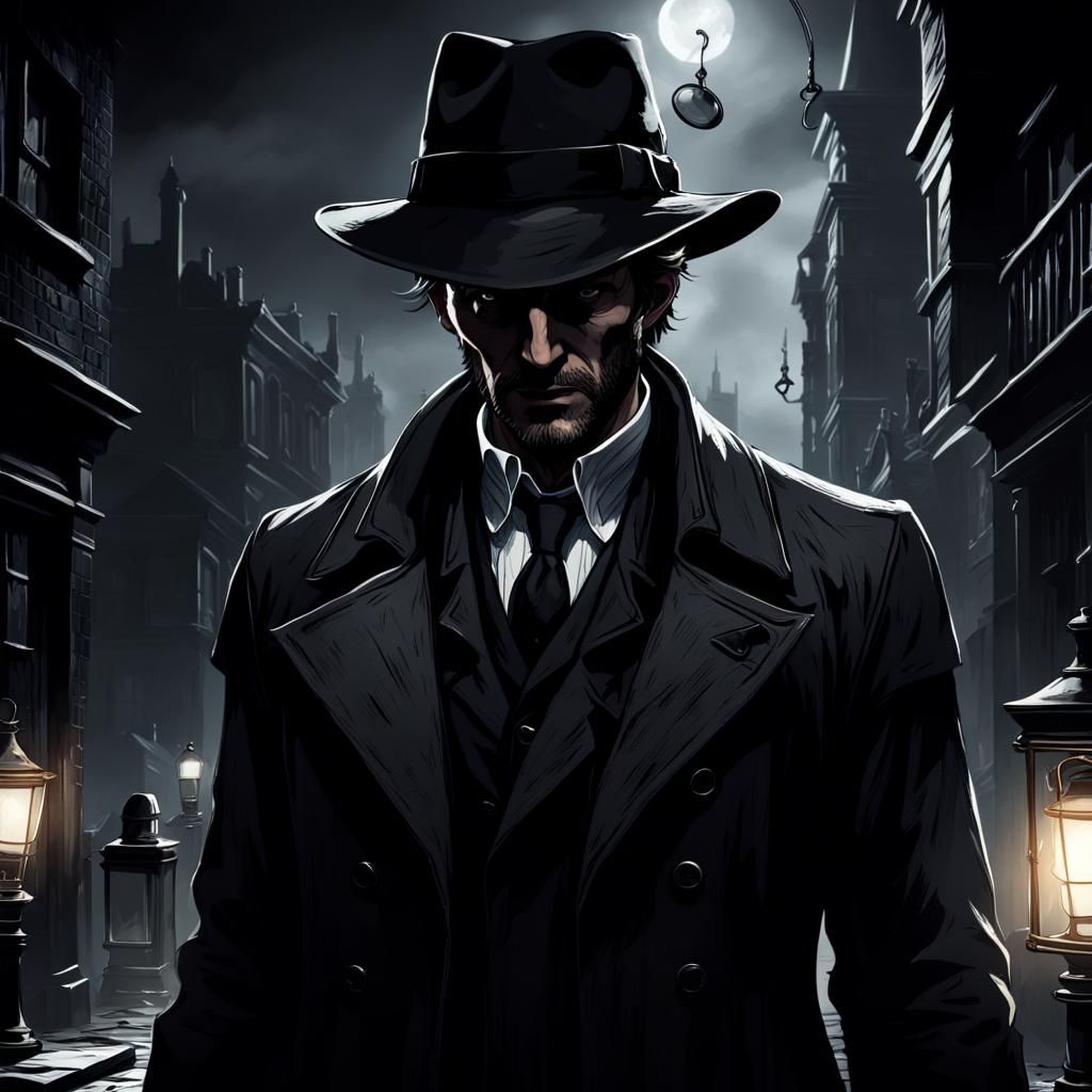 Noir Detective Solving a Case in Bloodborne Style