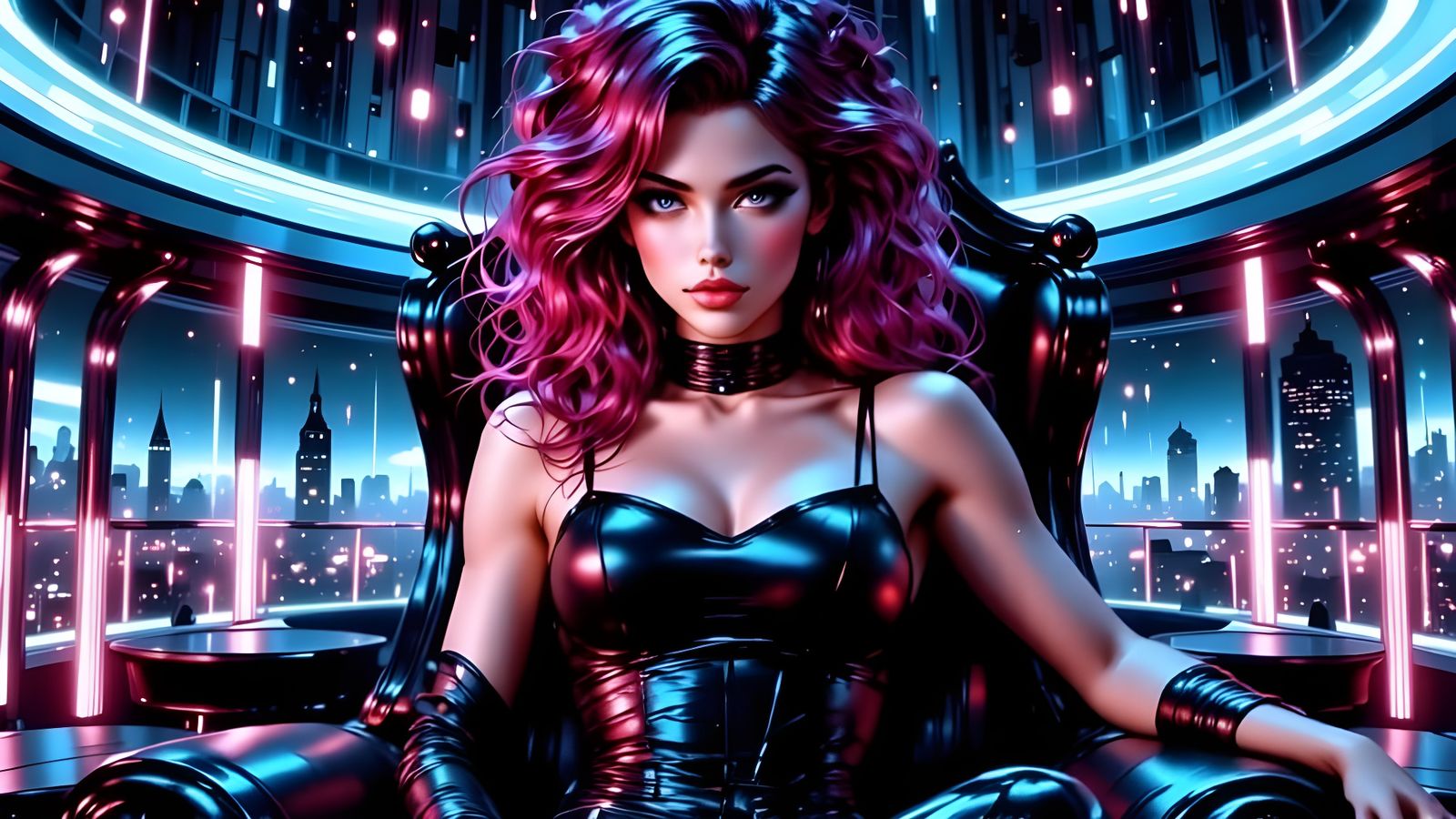 Cyberpunk Queen on Throne in Futuristic Cityscape