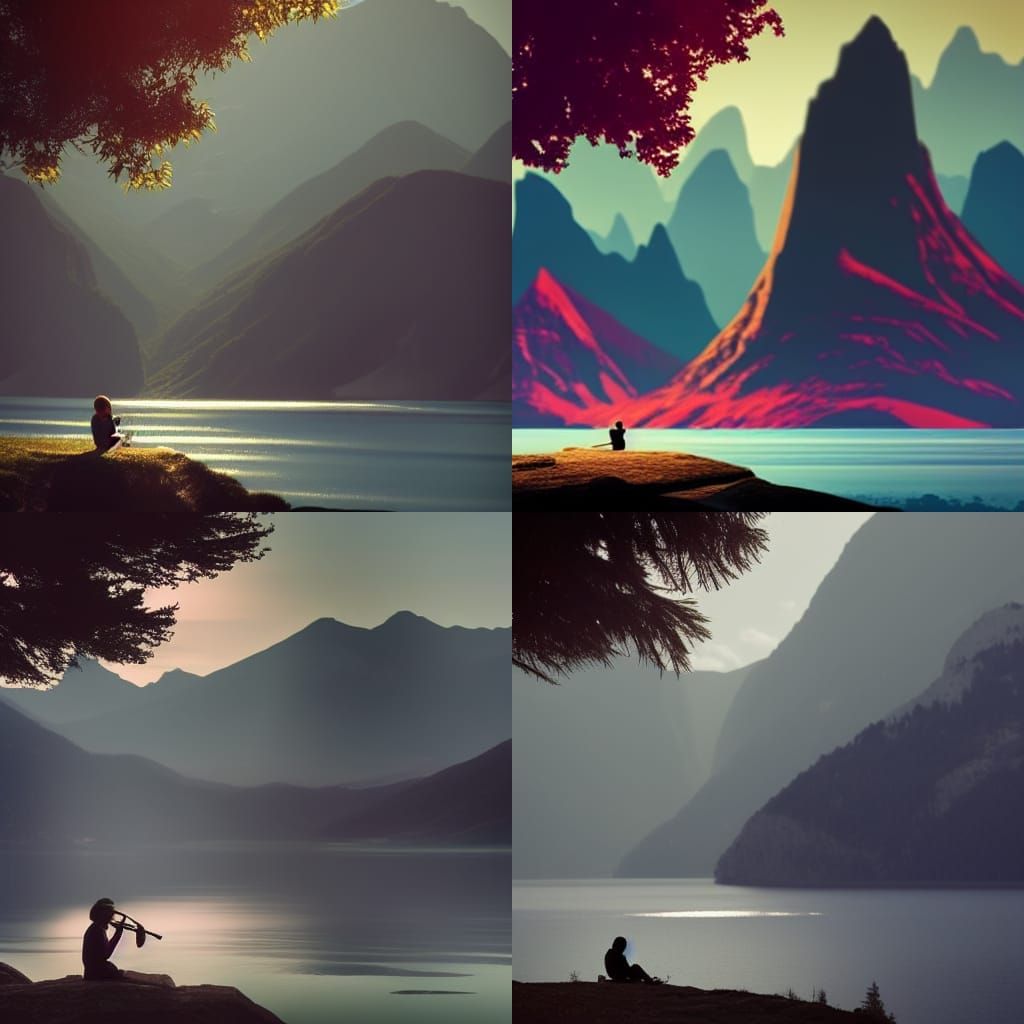 Solitary Musician on Mountain Shore