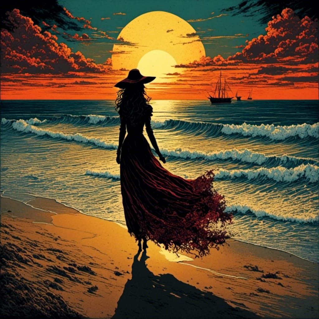 Sunset Beach Witch in Painterly Style