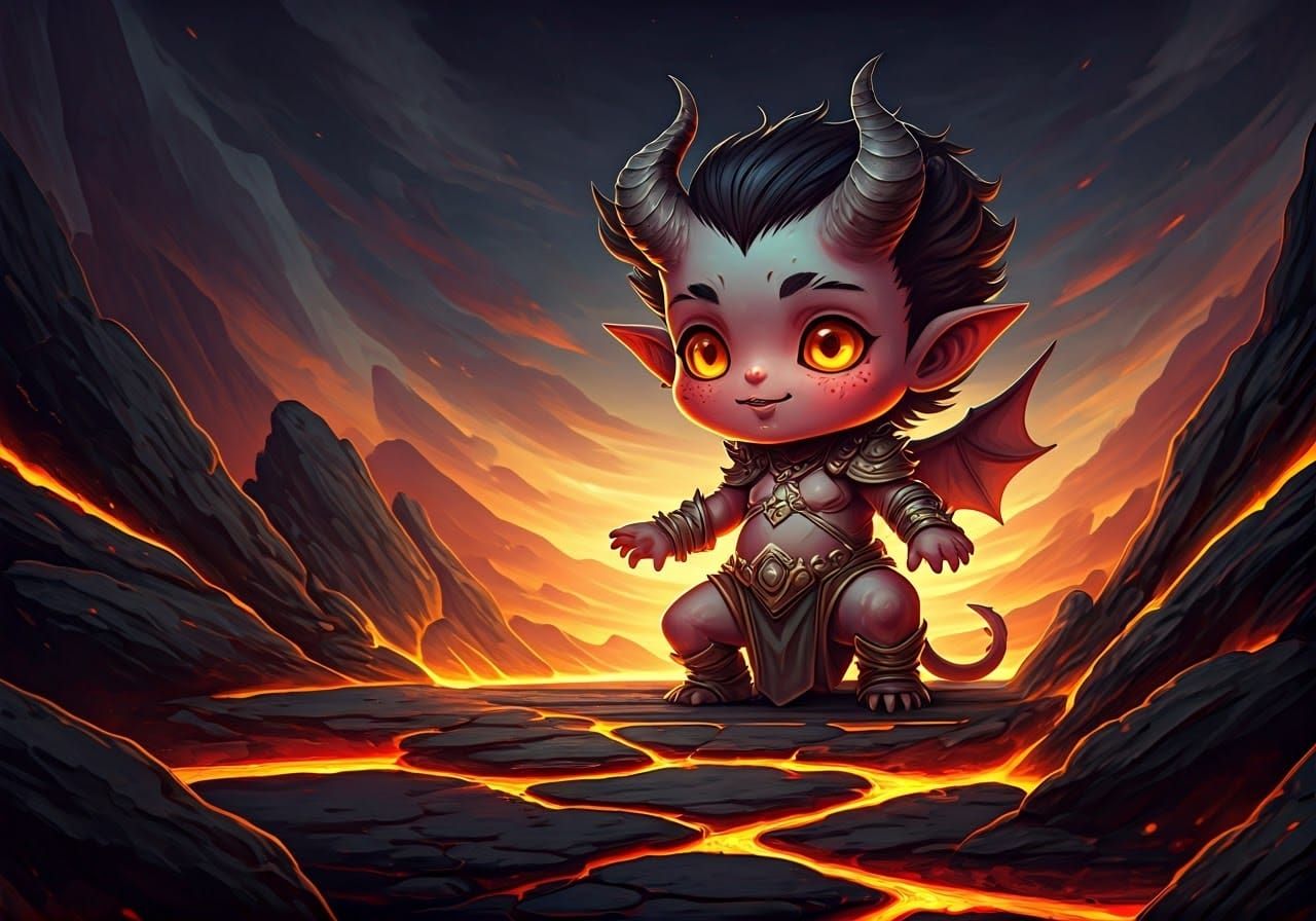 Chibi Demon Playing with Volcanic Rocks in Splash Art