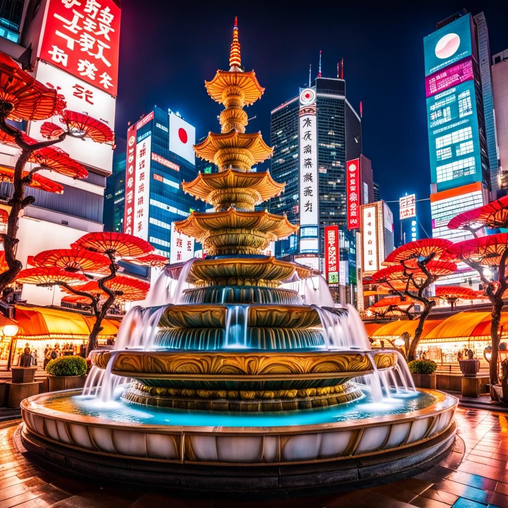 Ornate Fountain in Tokyo Square, Wide-Angle Stock Photo