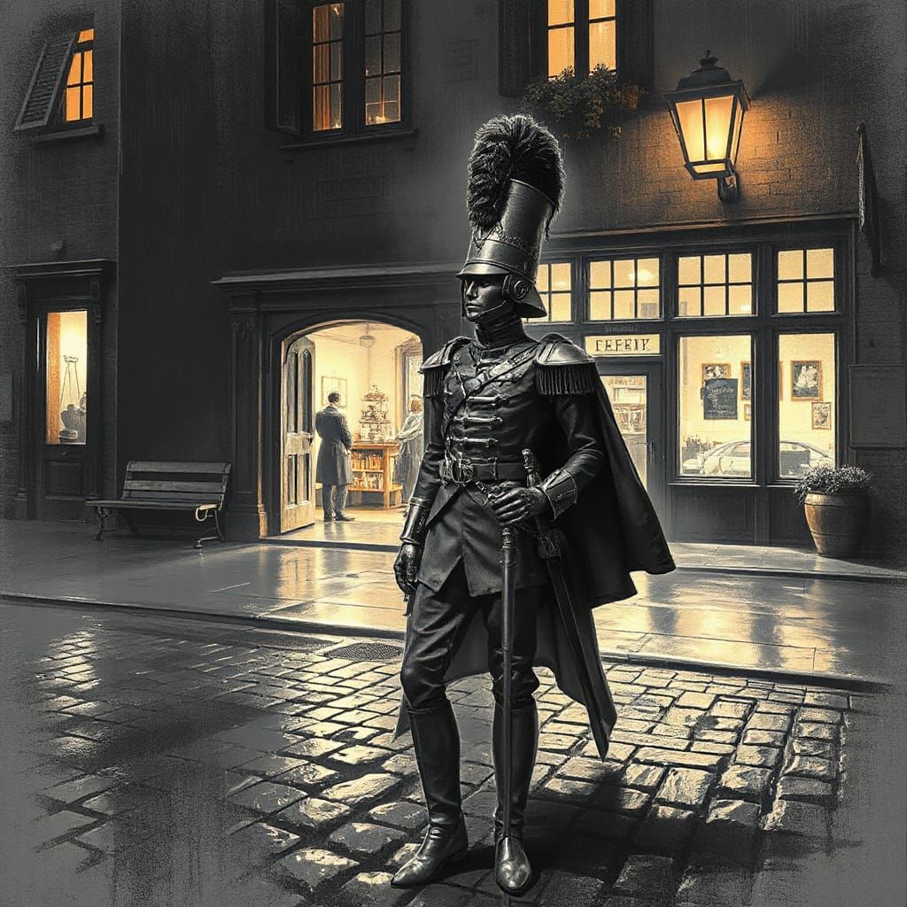 Tin Soldier Guards Ancient Tavern in Charcoal Style