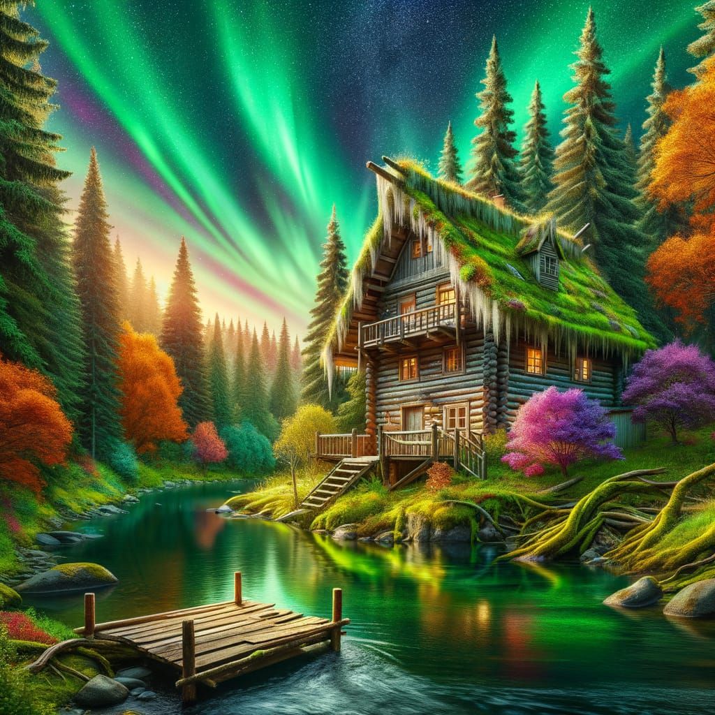 Cabin Overlooking River Under Aurora Borealis
