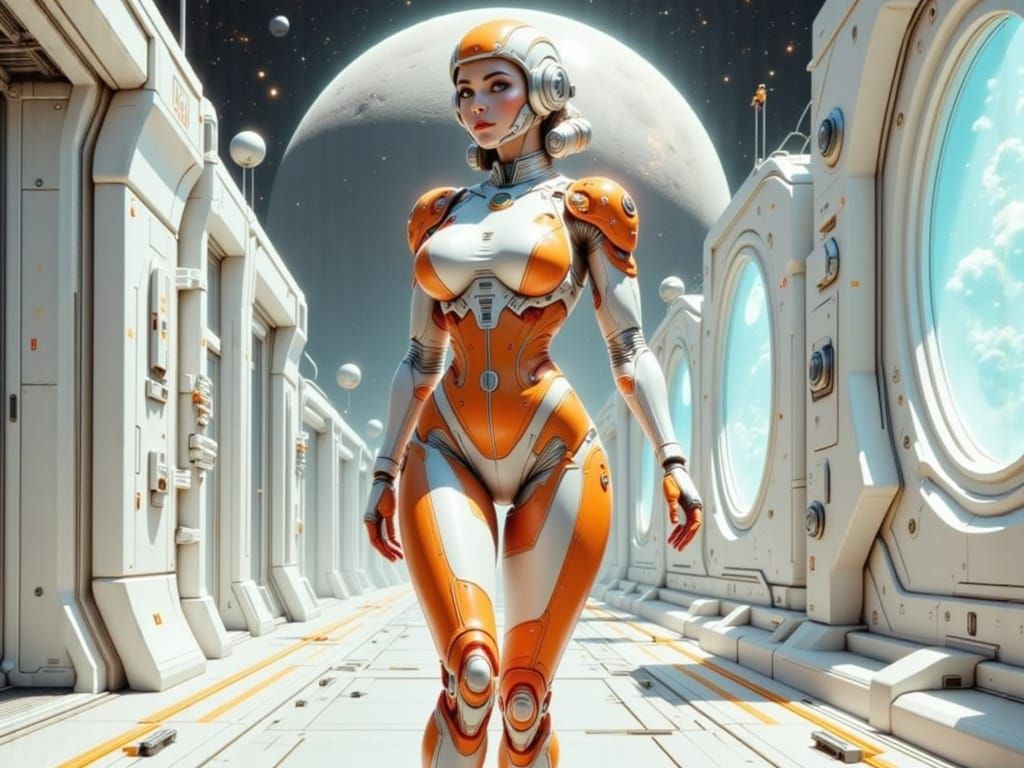 Android Woman in Spaceship Hallway with Planet View