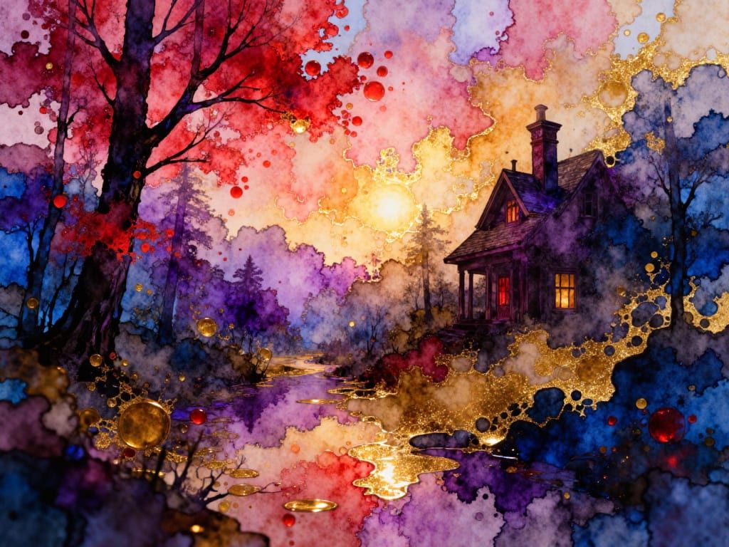 Sunrise Village Art with Petal Rain in Watercolor Style