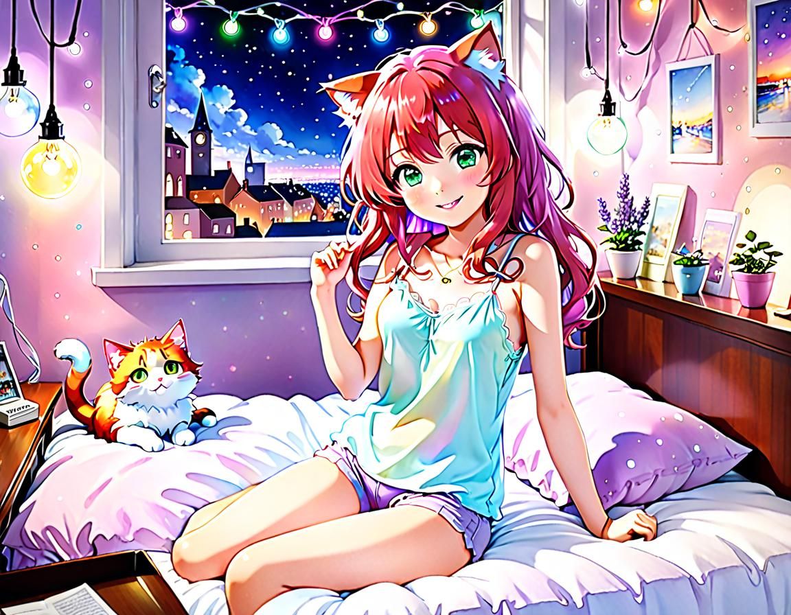 Kawaii Anime Catgirl in Japanese Watercolor Style