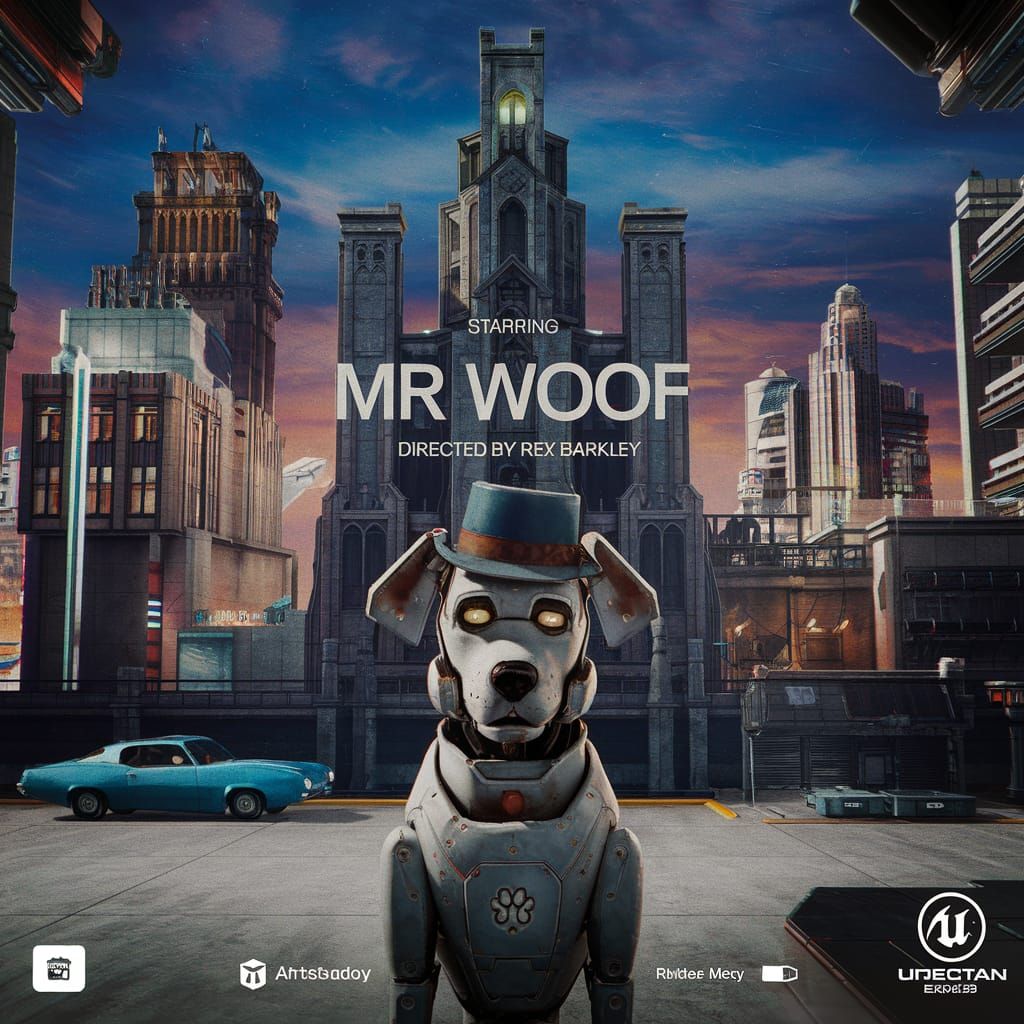 Robotic Dog Detective Movie Poster: Futuristic Cityscape