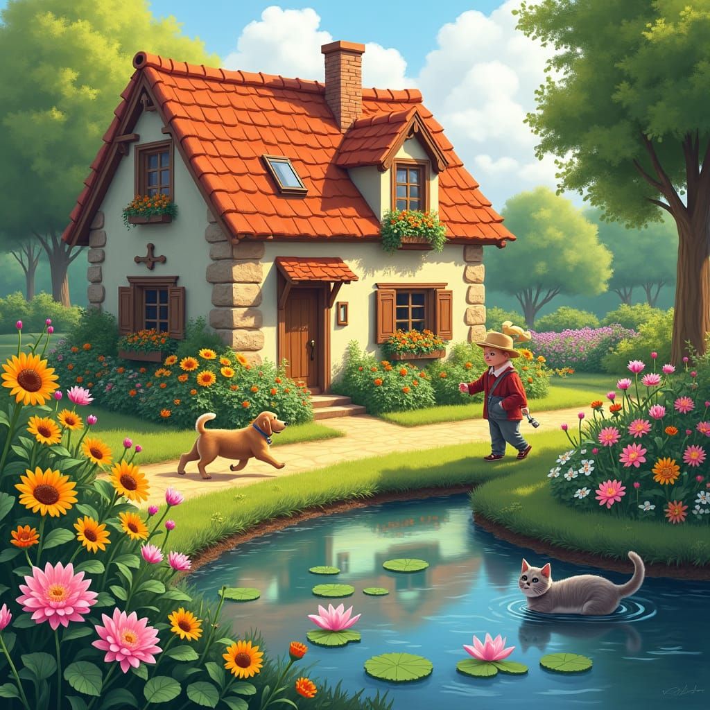 Idyllic Village House with Blooming Lotus Pond, Impressionis...