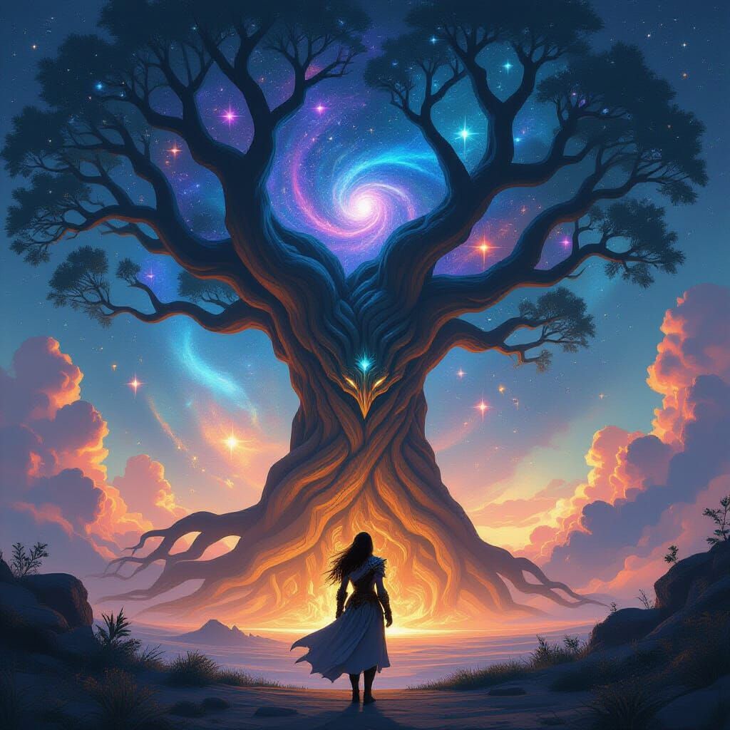 Cosmic Warrior Before Nebula Tree in Epic Fantasy Style