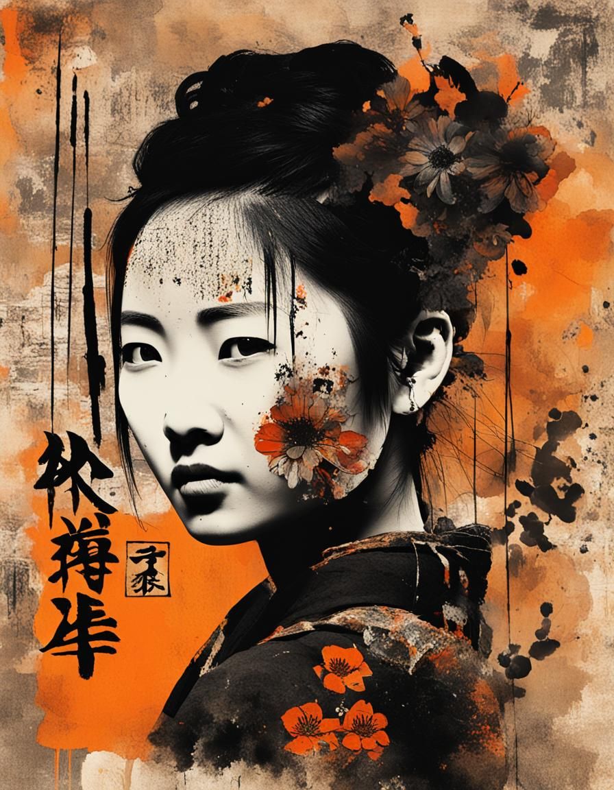 Asian Woman in Wabi-Sabi Punk Collage Style