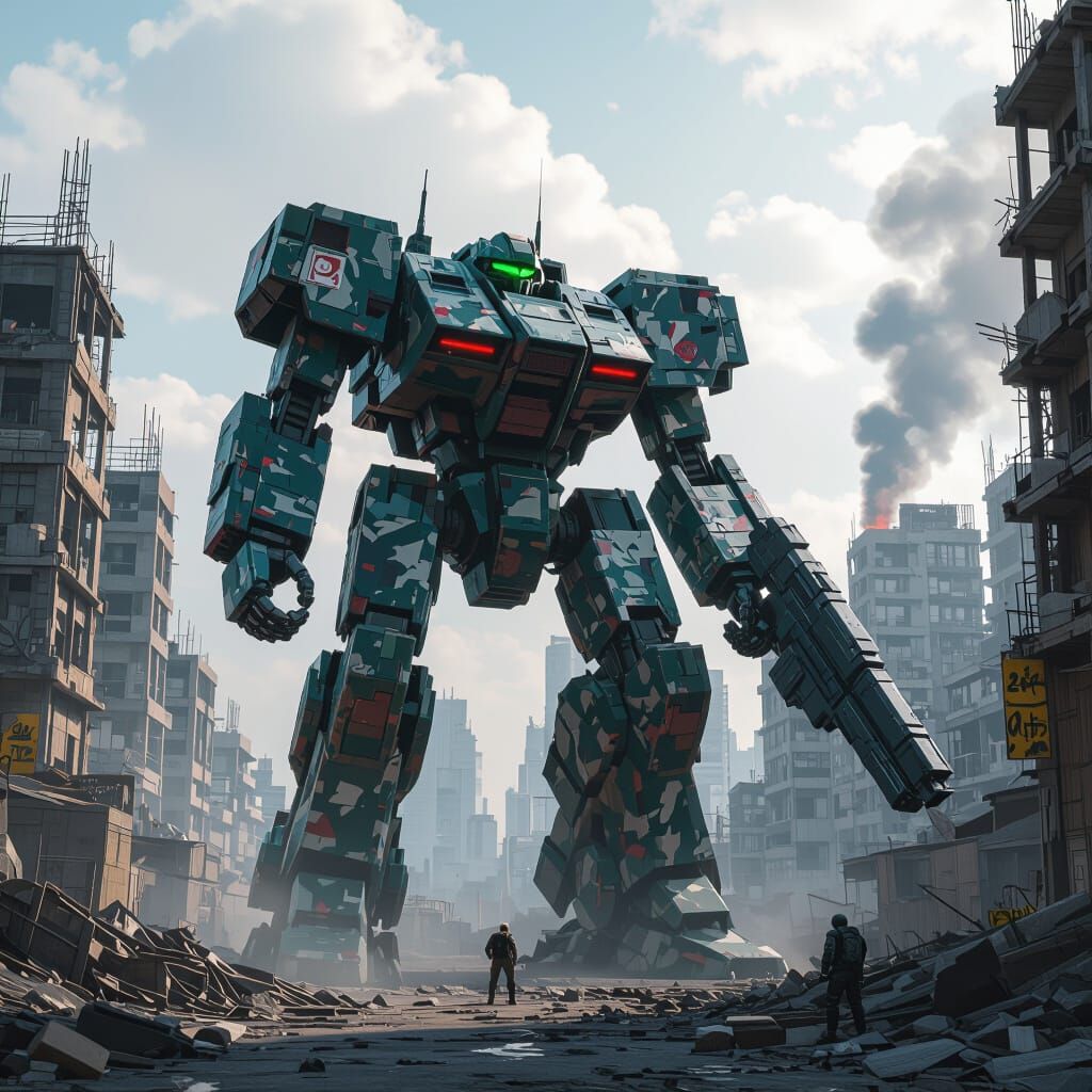 Futuristic Battle Mech in War-Torn City