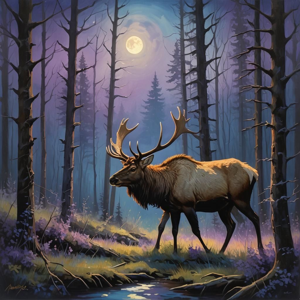 Elk in Moonlit Forest: Romantic Oil Painting