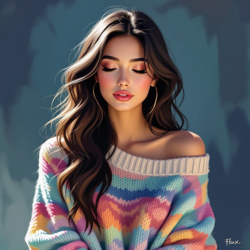 Young Woman in Colorful Sweater, Flux Style Digital Painting