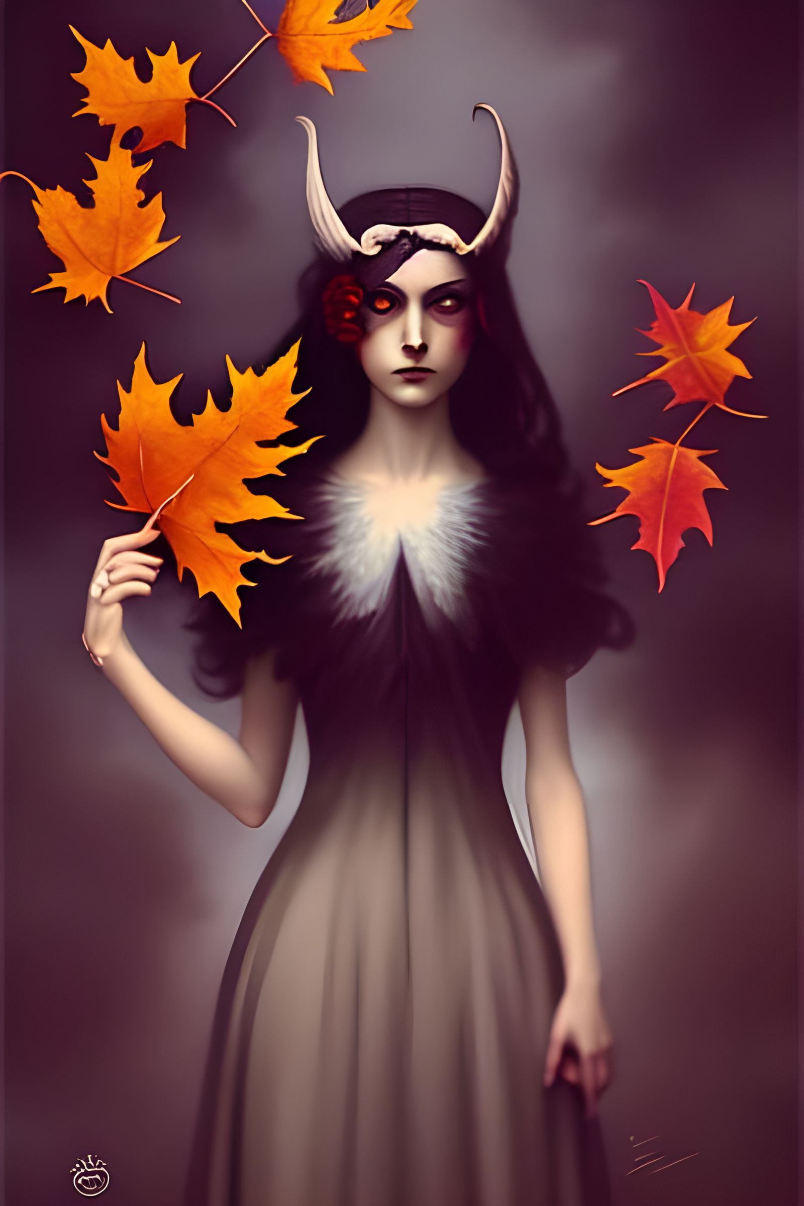 Witch and Owl in Autumnal Scene