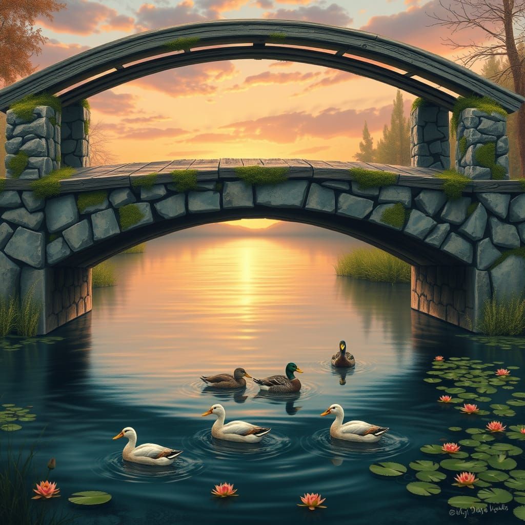 Peaceful Ark Bridge Reflecting Sunset Skies