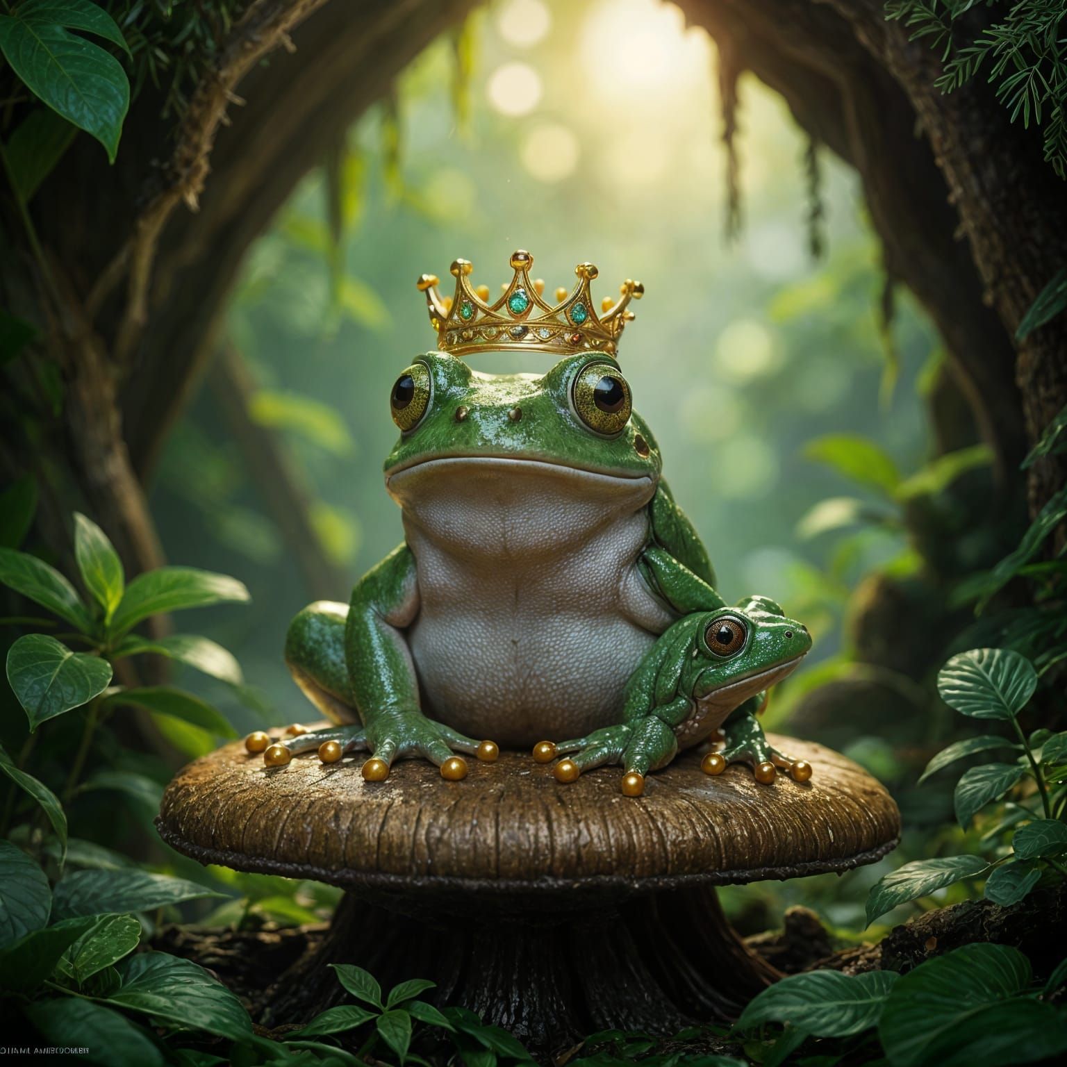 Bioluminescent Frog King on Mushroom Throne, Oil Painting
